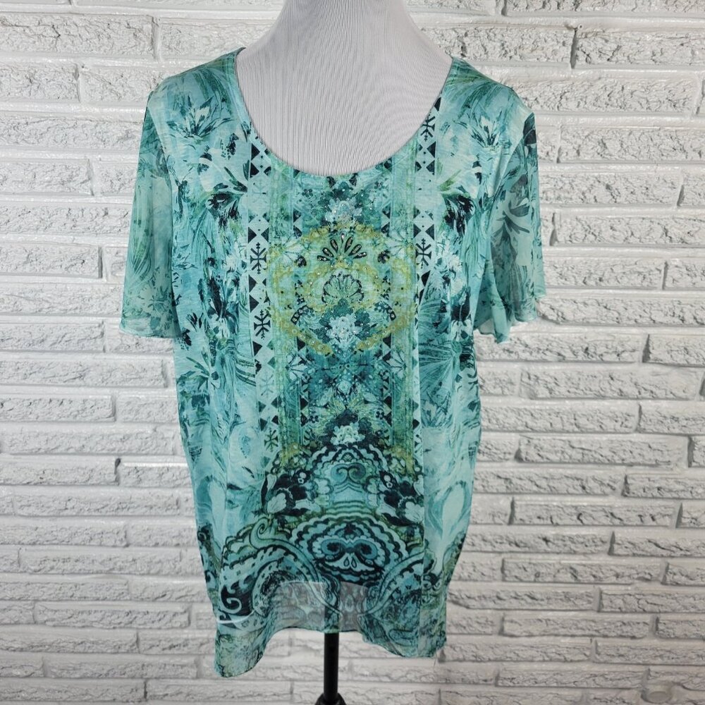 Time And Tru Women XL Blouse Blue Geometric Flutter Sleeve‎ Rhinestone GEO6E